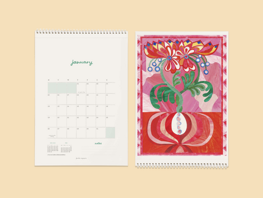 Inside the Frankie 2026 Calendar featuring January's layout and art print by Alice Lindstrom.