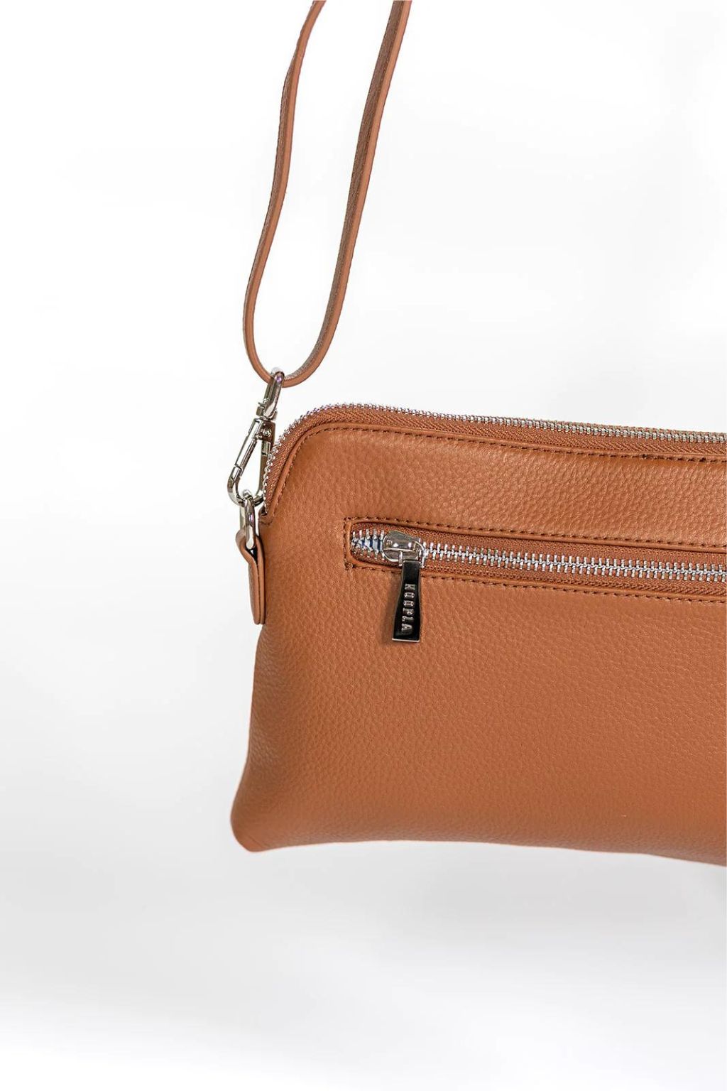 Zip Detail of Hoopla Mini Cross Body Slouch Bag in Tan