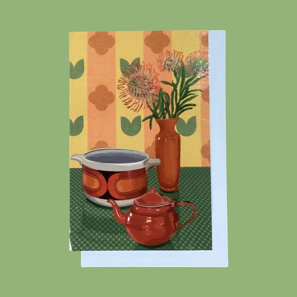 Lucinda Crimson Pot, Red Kettle & Orange Vase Card