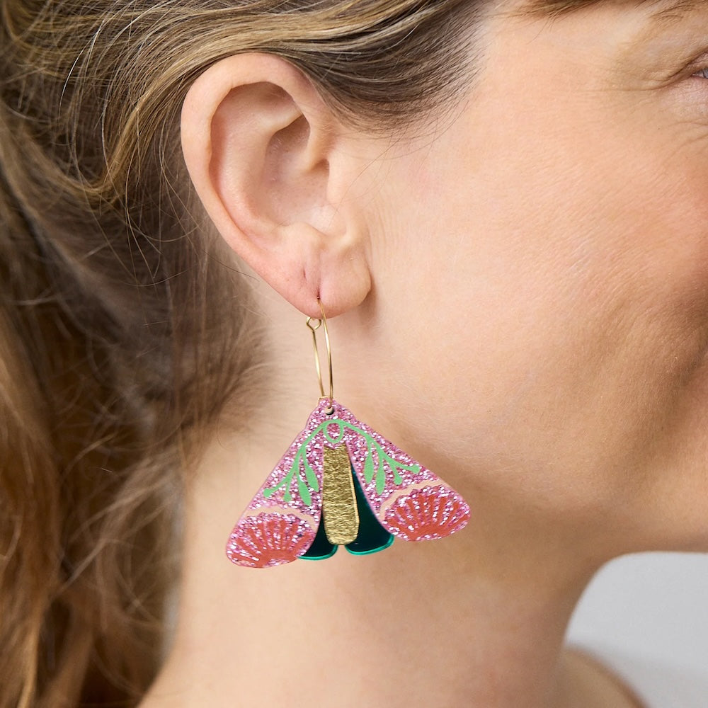 Martha Jean Moth Wattle Earrings - Pink Sparkle/Green
