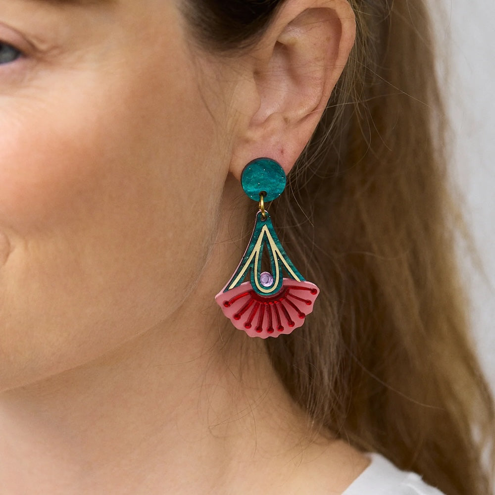 Martha Jean Silver Princess Drop Earrings - Pink/Green