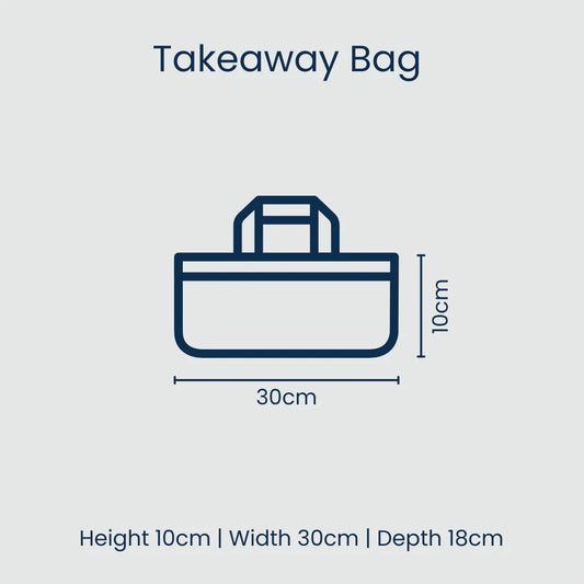 Line drawing of a takeaway bag with dimensions on a light blue background