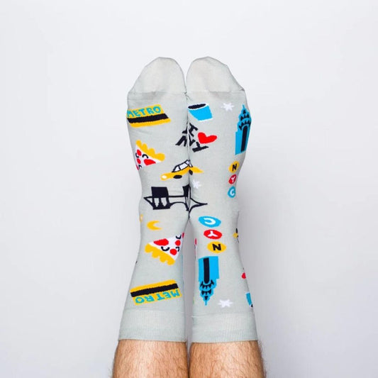 Yellow Owl Workshop New York Socks in Large. Worn by foot model.