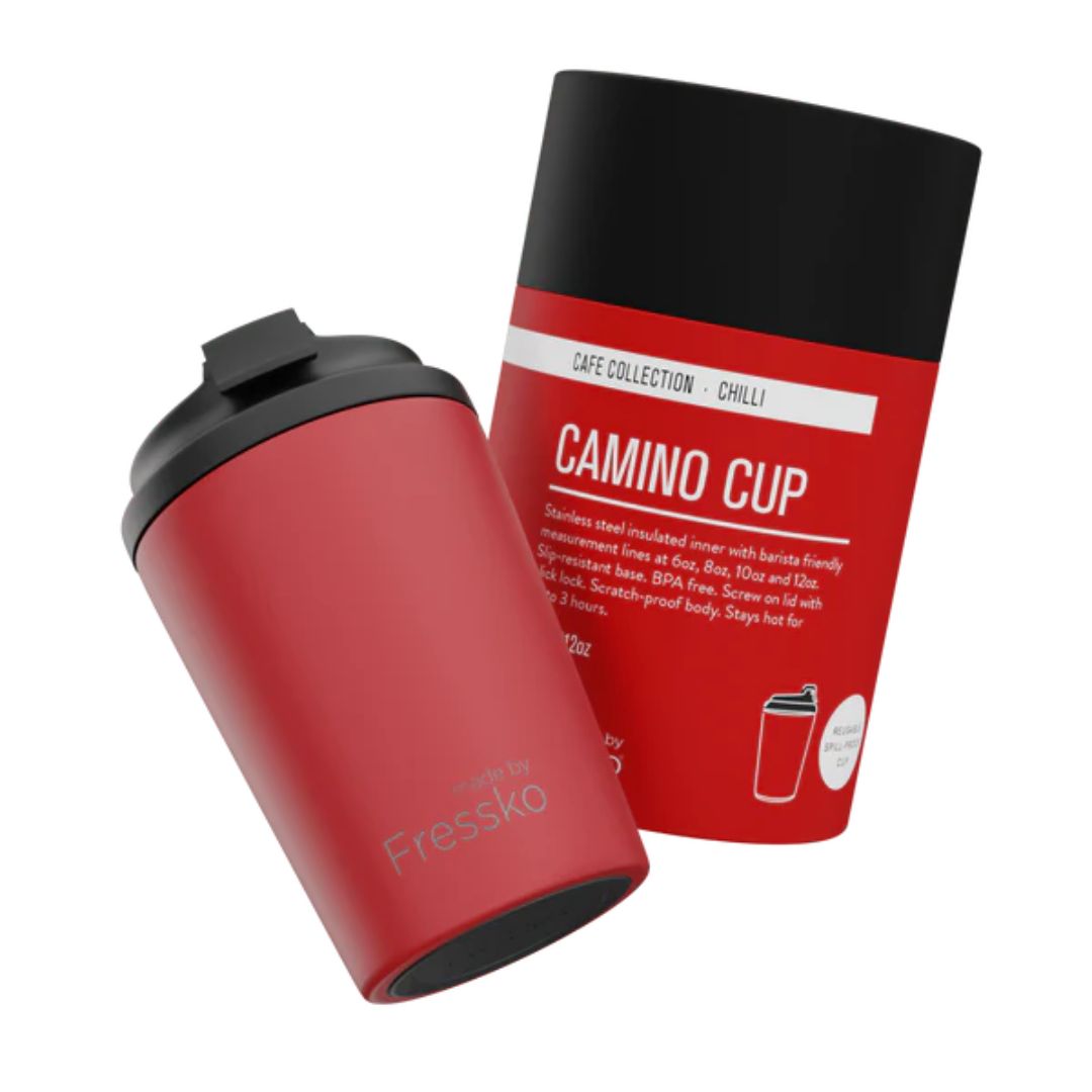 Fressko Camino Reuseable Cup in Chilli with packaging