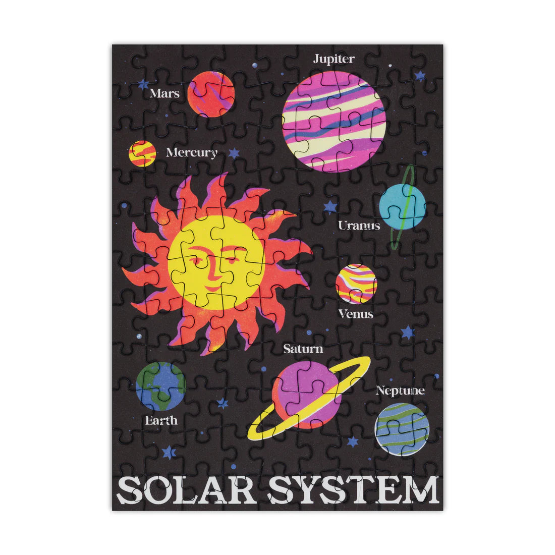 Solar system-themed mini puzzle with colourful planets and sun on a black background