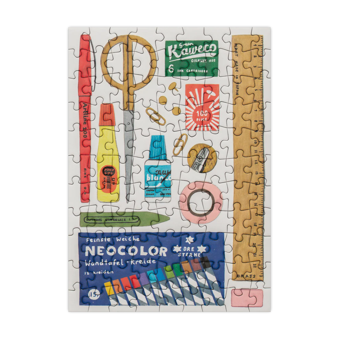Mini puzzle with stationery-themed design featuring various stationery items on a white background