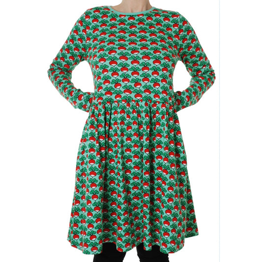 Duns Radish Electric Green Long Sleeve Adult Dress with Gathered Skirt - large