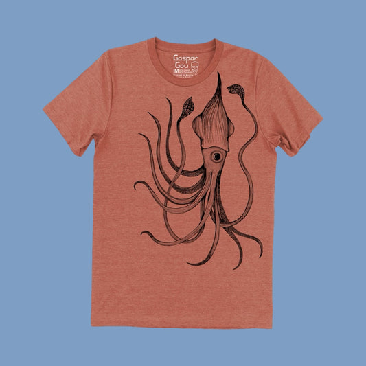 Red Gaspar Gou t-shirt with a black squid design on a blue background