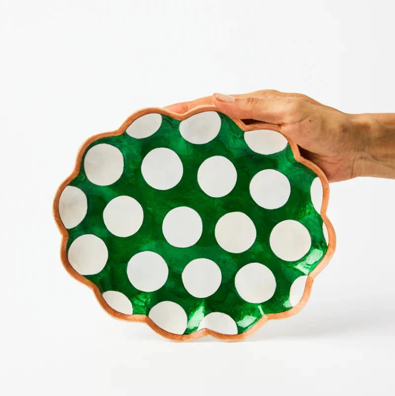 Hand holding a green plate with white polka dots on a white background