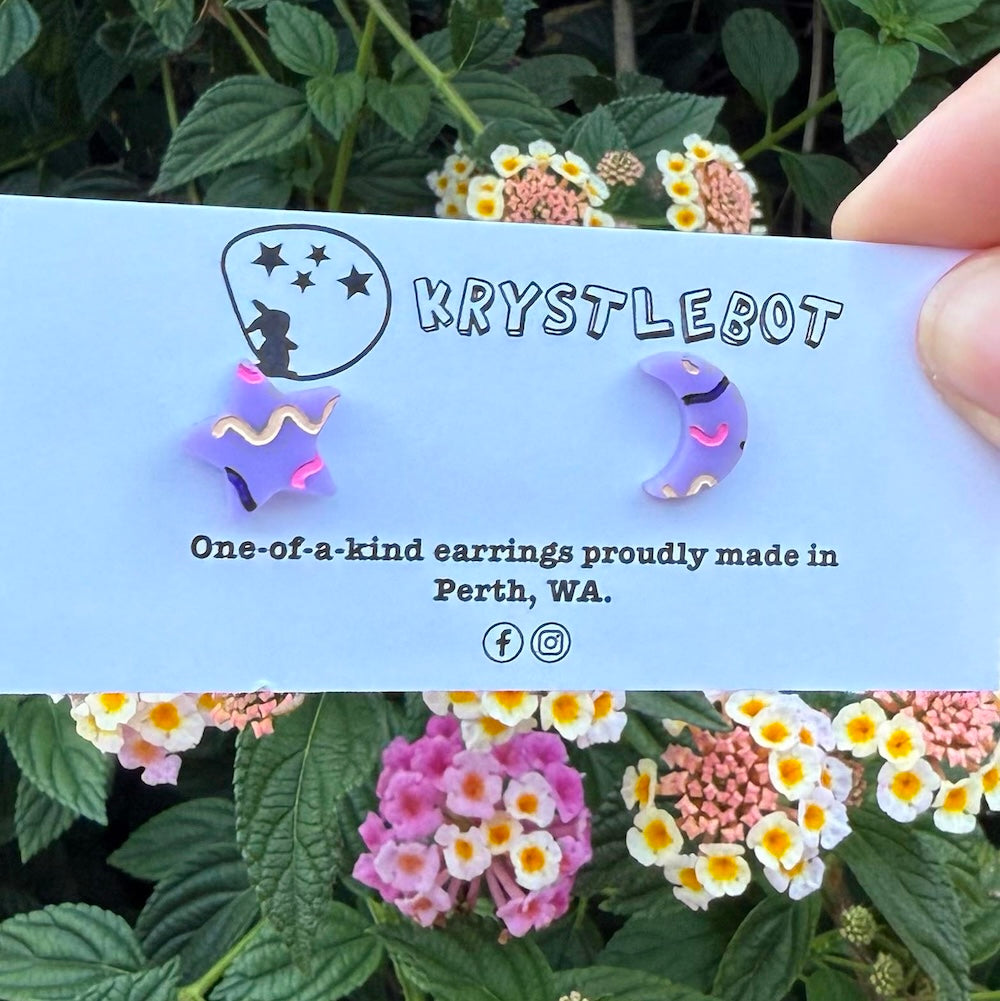 Krystlebot Mismatched Star & Moon Studs - Lilac/Pink/Yellow