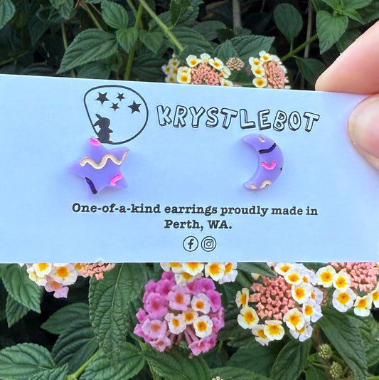 Krystlebot Mismatched Star & Moon Studs - Lilac/Pink/Yellow