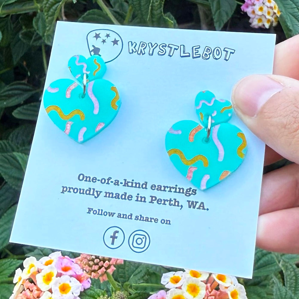 Krystlebot Heart Squiggle Dangles - Turquoise/Orange/Pink