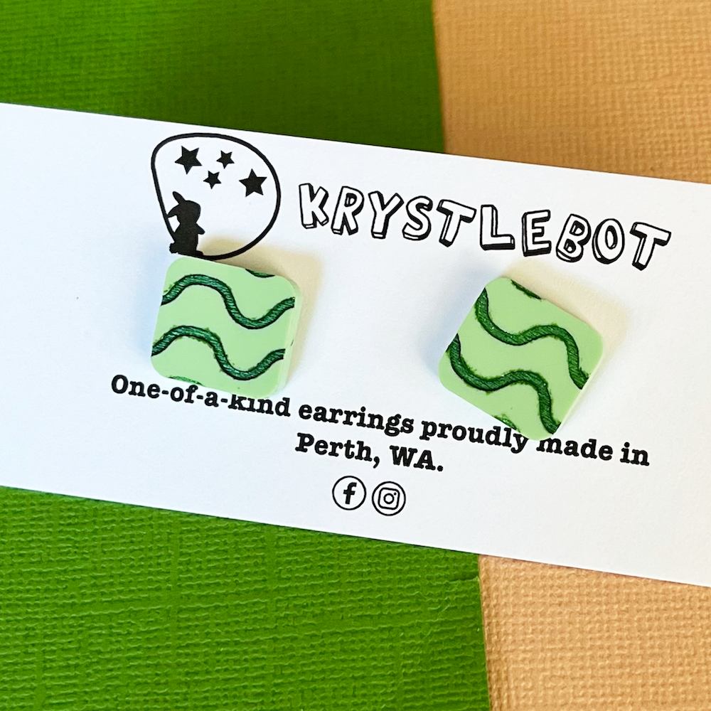 Krystlebot Squiggle Rectangle Studs - Green