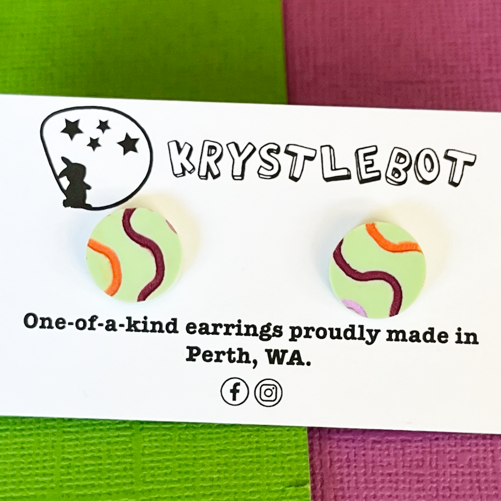 Krystlebot Squiggle Circle Studs - Mint/Purple/Orange