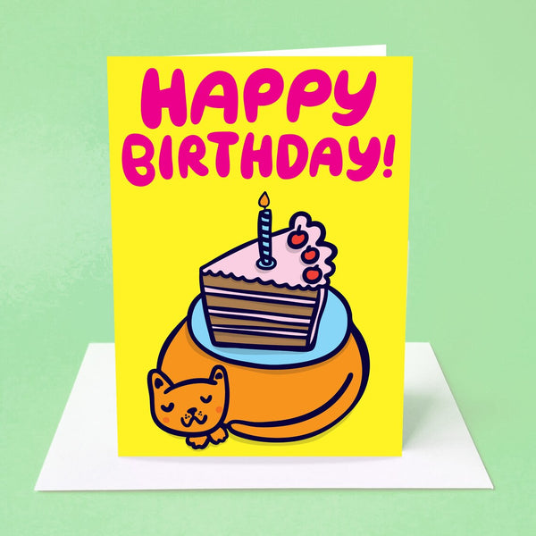 Able & Game Cake on Cat Happy Birthday Card. Background is a solid mint green colour.