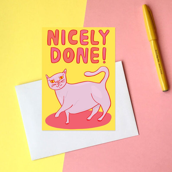 Styled image of Able & Game Nicely Done! Card paired with a white envelope and a yellow pen.