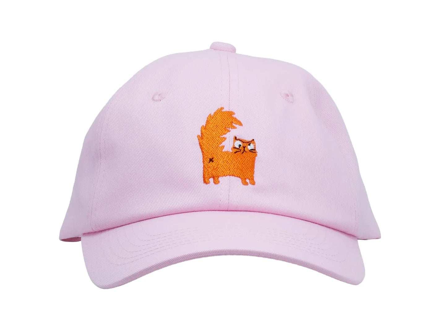 Front view of Pink cap with an orange cat design on a white background