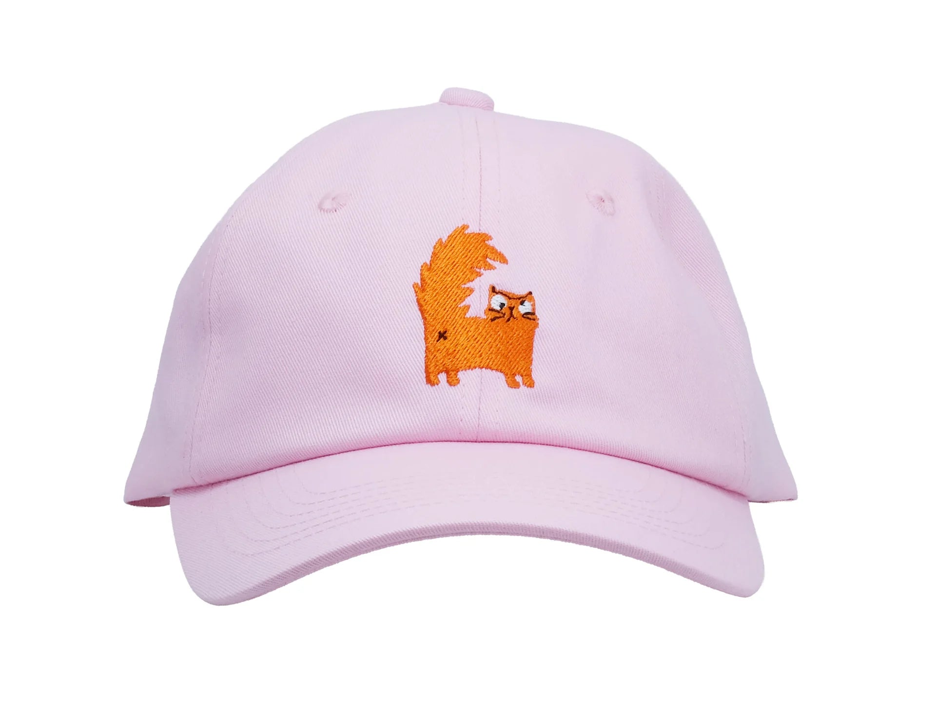 Front view of Pink cap with an orange cat design on a white background
