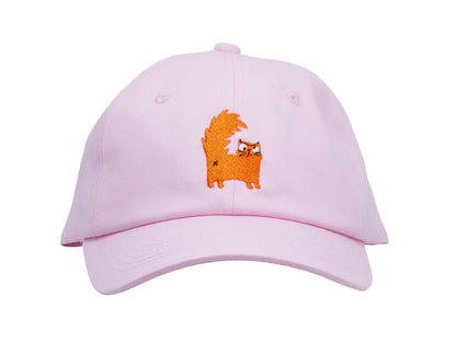 Front view of Pink cap with an orange cat design on a white background