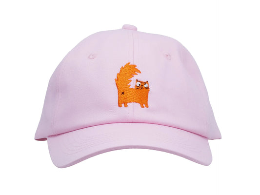 Front view of Pink cap with an orange cat design on a white background
