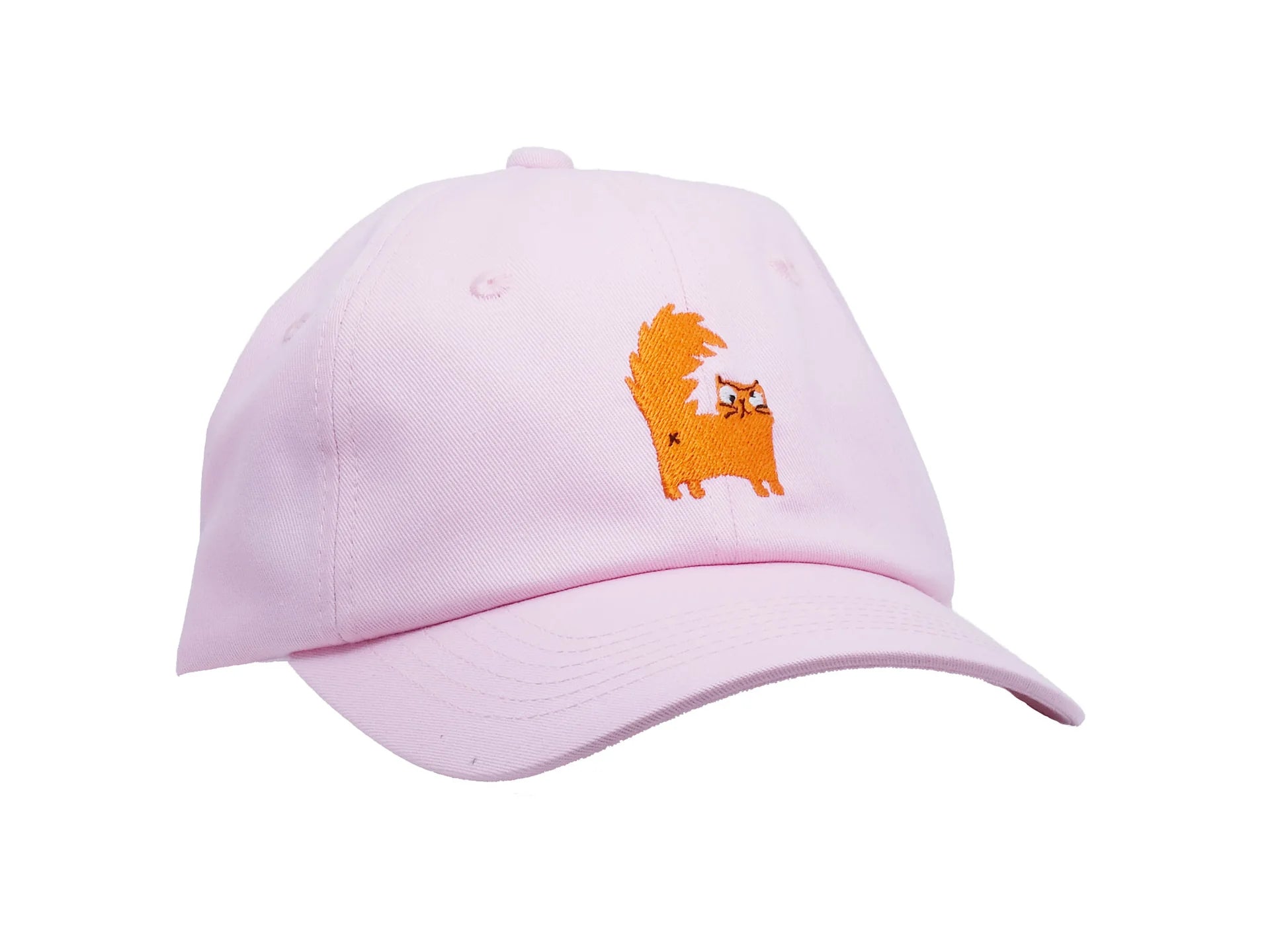 Side view of Pink baseball cap with an orange cat design on a white background