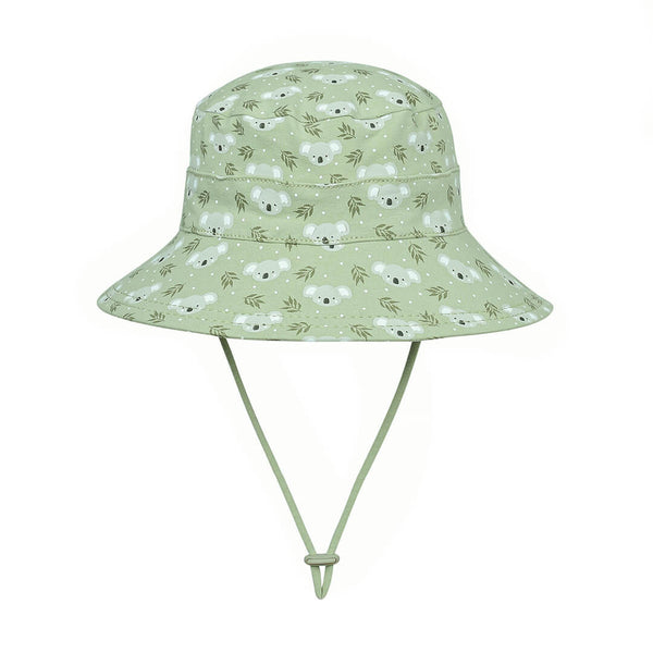 Bedhead Koala Bucket Hat. Light green background covered with small koala motif in grey and white and olive green leaves.