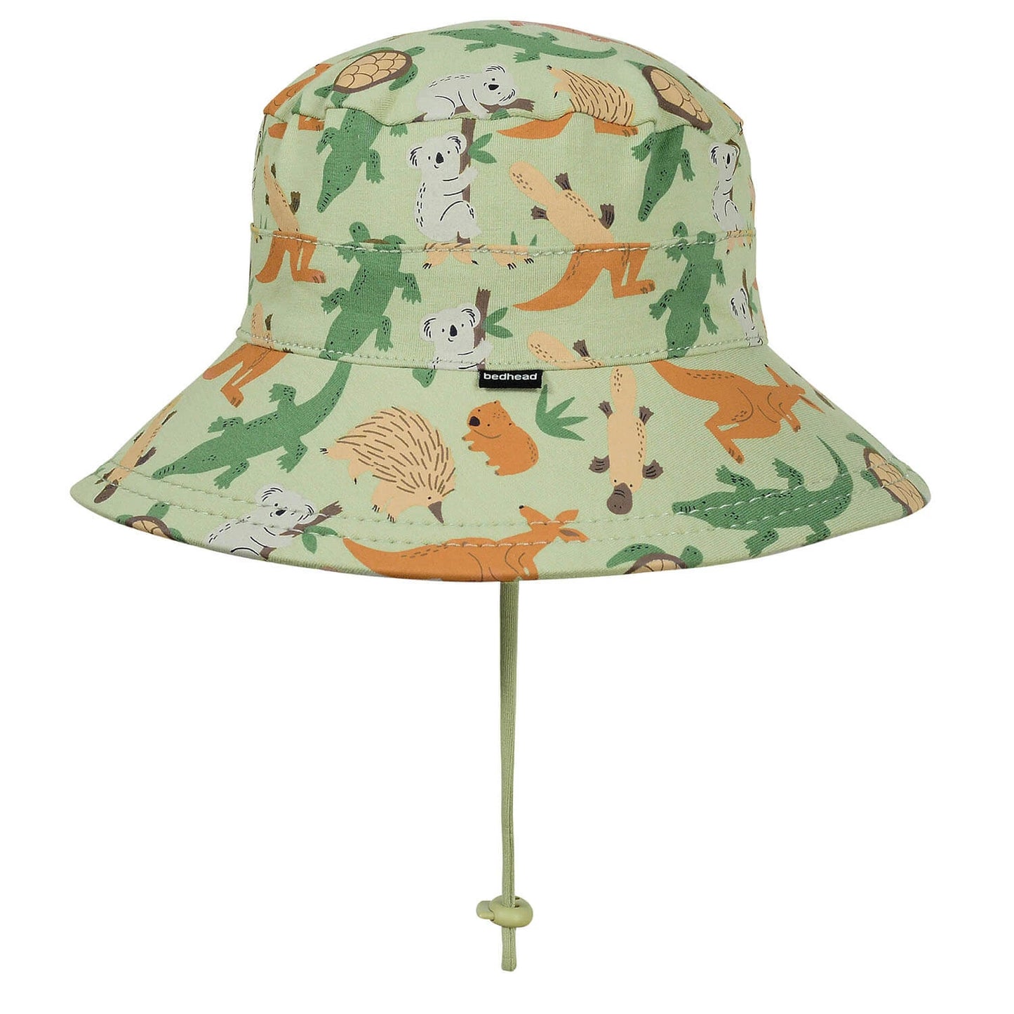 Side view of Children's bucket hat with Australian animal pattern on a white background