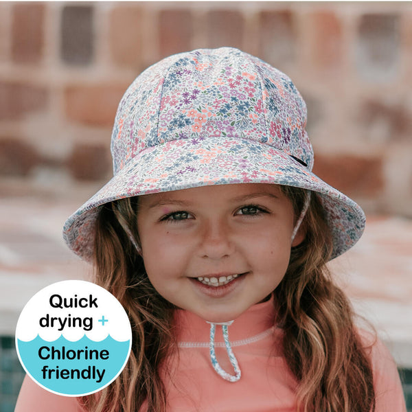 Front view of Bedhead Blossom Swim Bucket Hat worn by a young model