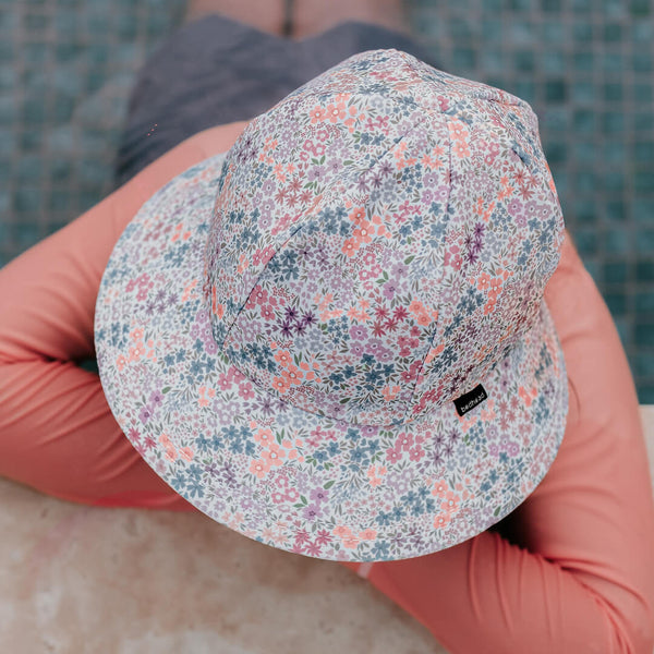 Top view of Bedhead Blossom Swim Bucket Hat worn by a young model