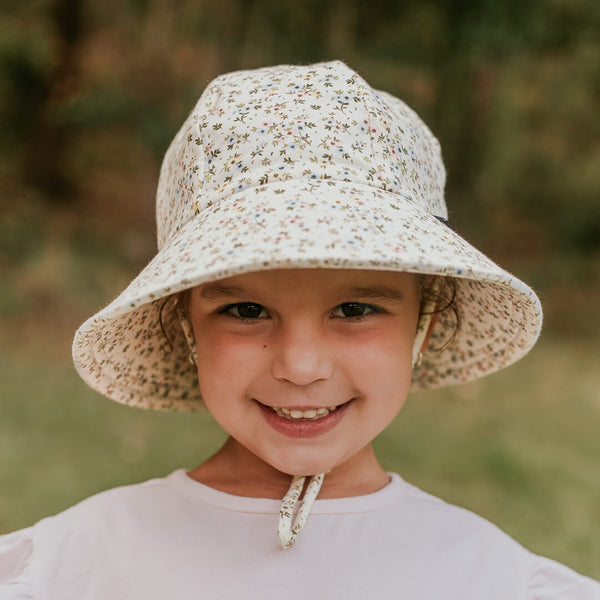 Front view of Bedhead Charlotte Bucket Hat worn by a young model