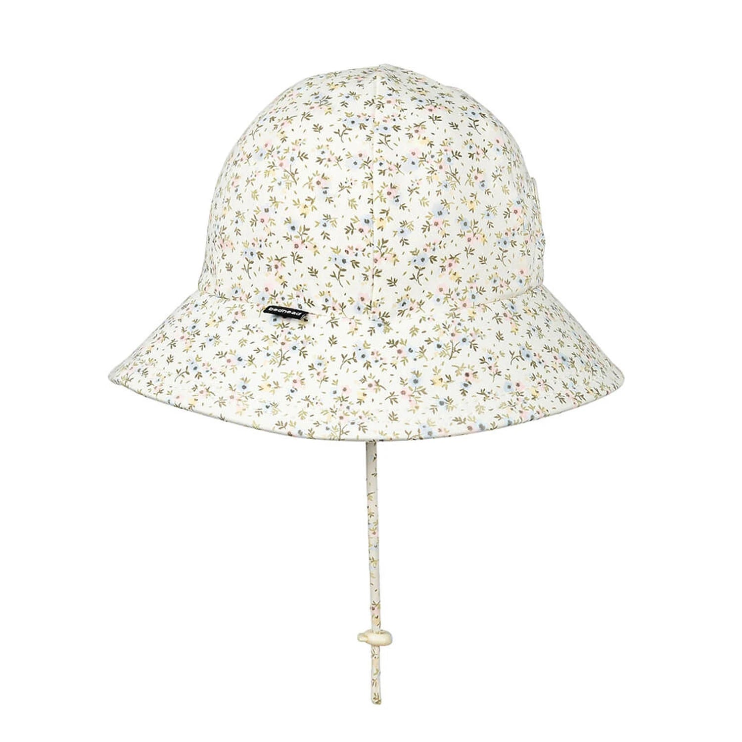Side view of Floral patterned bucket hat with a strap on a white background