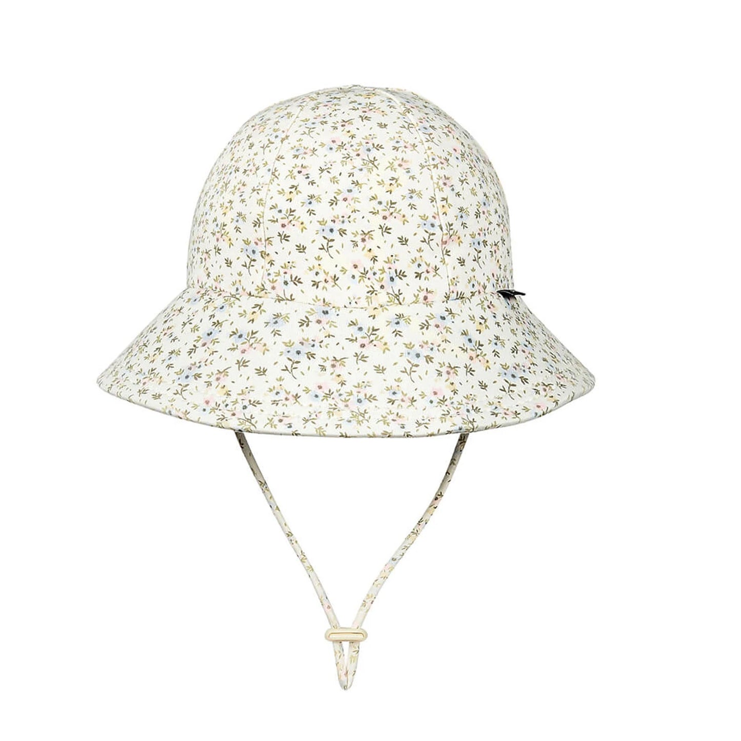 Floral-patterned bucket hat with a strap on a white background