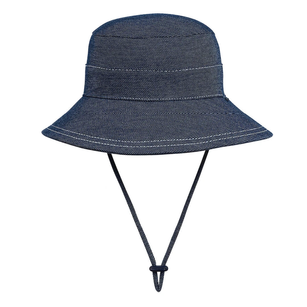 Blue-black denim bucket hat with a strap on a white background