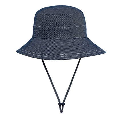 Blue-black denim bucket hat with a strap on a white background