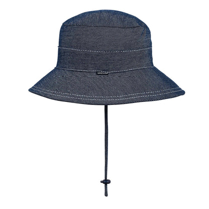 Side view of Blue-black denim bucket hat with a chin strap on a white background