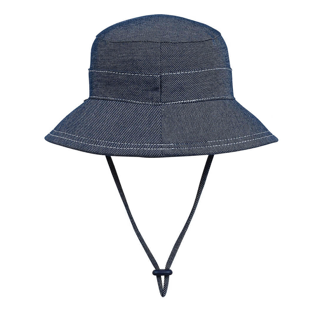 Back view of Blue-black denim bucket hat with a strap on a white background