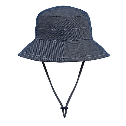 Back view of Blue-black denim bucket hat with a strap on a white background