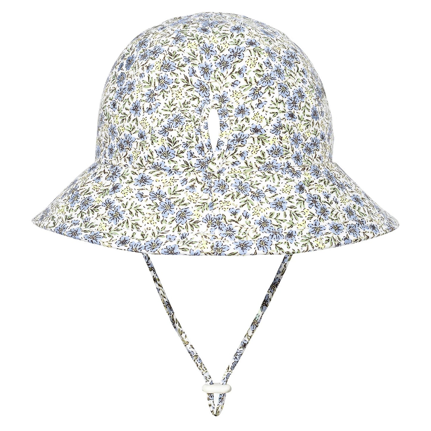 Back view of Floral patterned bucket hat with a strap and ponytail slit on a white background