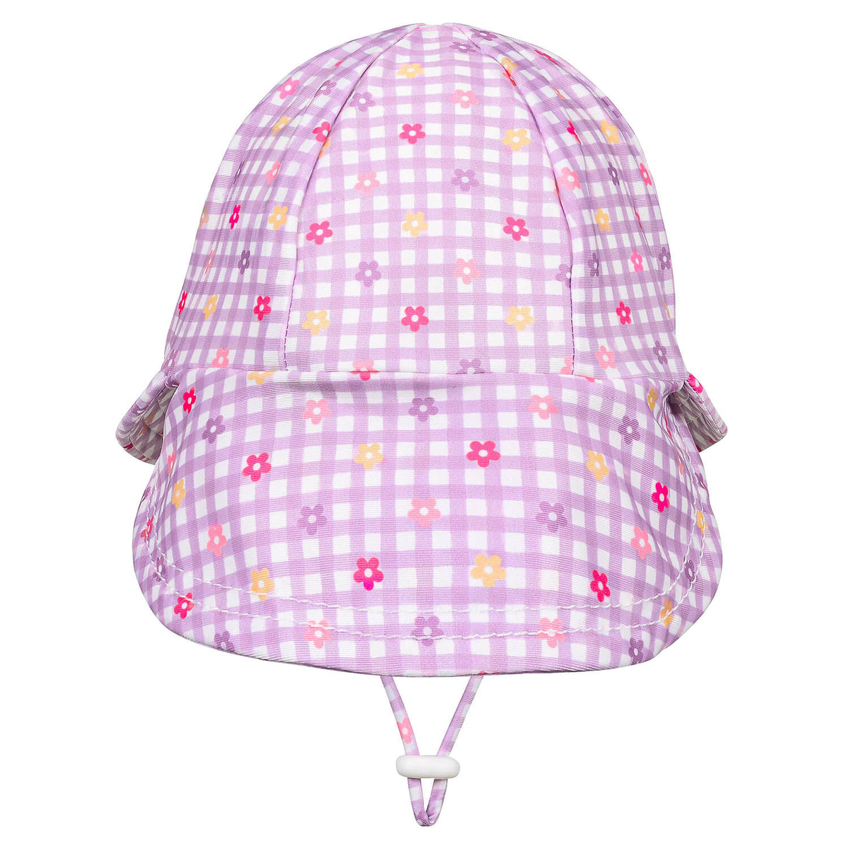 A light purple and white gingham swim hat with a small multicolour floral print, featuring a chin strap with a white toggle.
