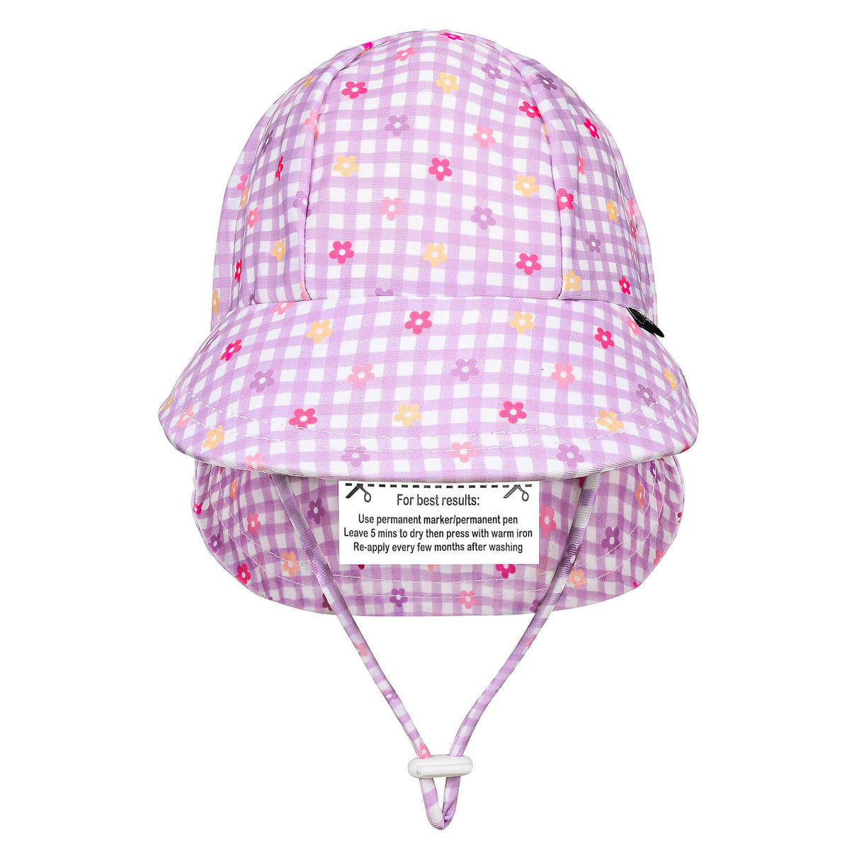 A light purple and white gingham swim hat with small pink, yellow and orange floral prints, featuring an adjustable chin strap and a name label on the back.