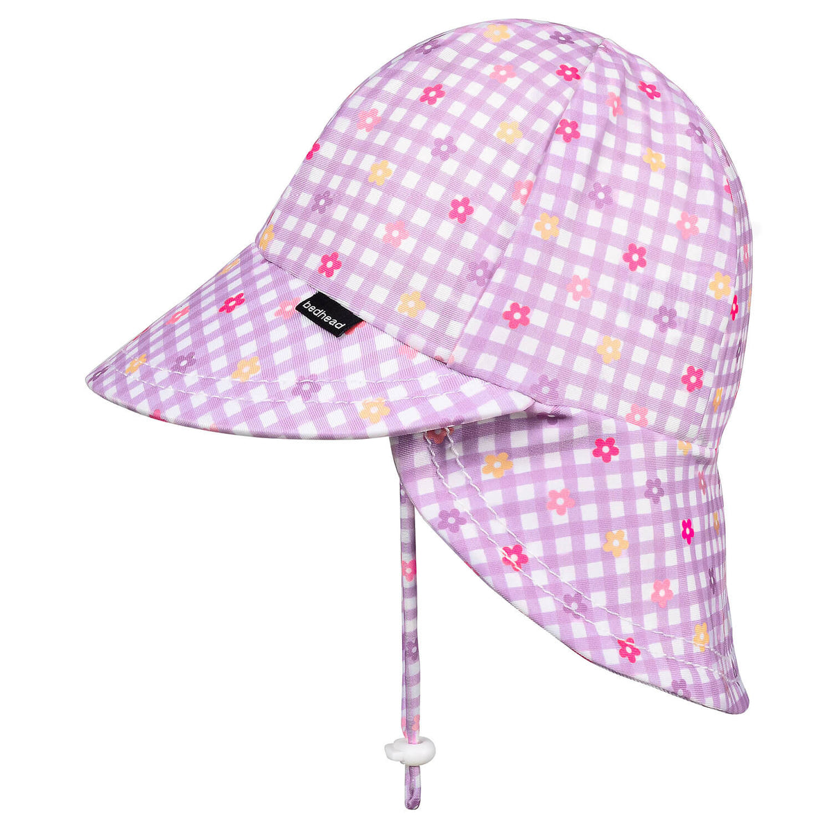 A light purple and white gingham swim hat with small pink, yellow and orange floral accents, featuring a chin strap and a small black Beadhead label.