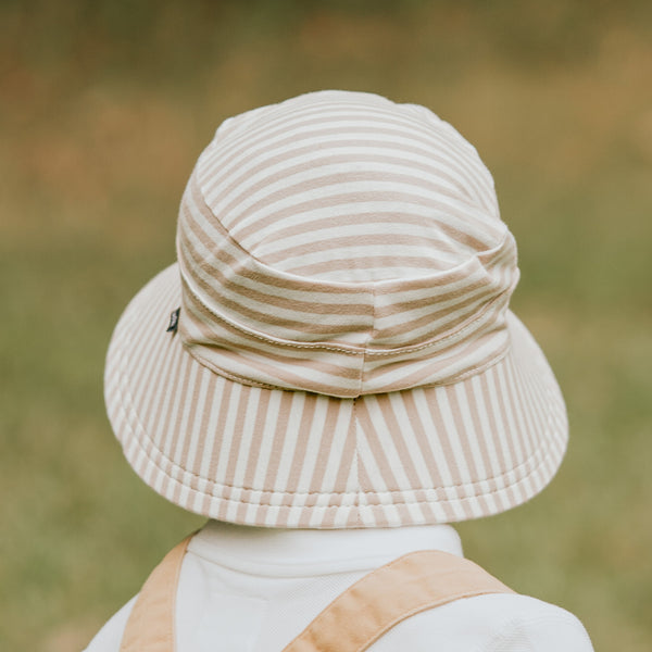 Back view of Bedhead Natural Stripe Bucket Hat worn by young model