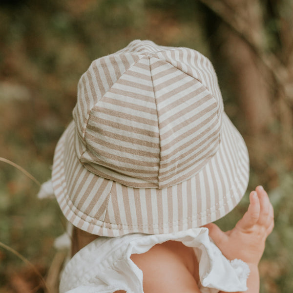 Back view of Bedhead Natural Stripe Bucket Hat for 1-2 years worn by a young model