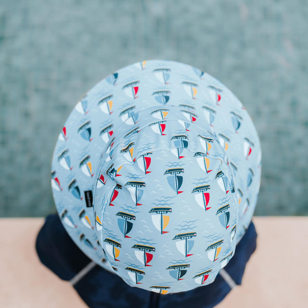 Top view of Bedhead Sails Swim Bucket Hat worn by a young model