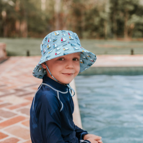 Bedhead Sails Swim Bucket Hat worn by a young model