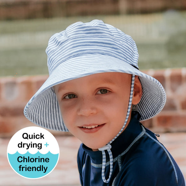 Bedhead Stevie Stripe Swim Bucket Hat worn by a young model