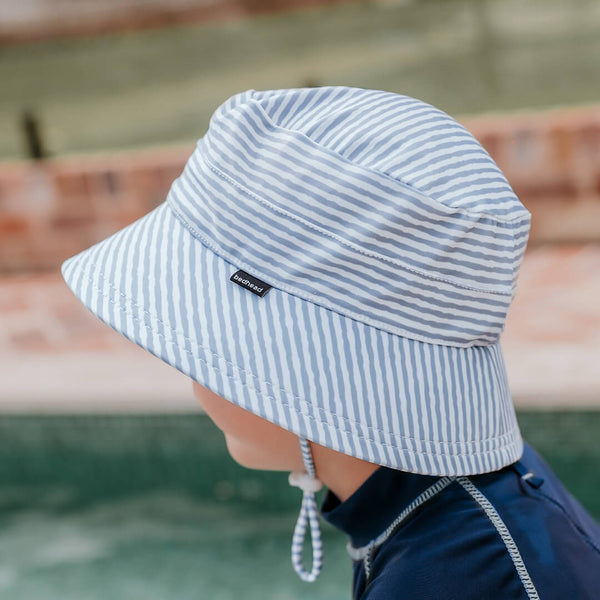 Side view of Stevie Stripe Swim Bucket Hat worn by a young model