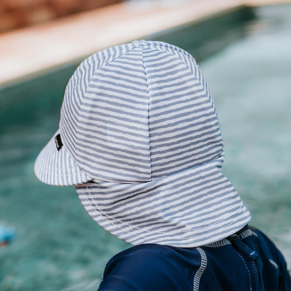 Back view of Bedhead Stevie Stripe Swim Legionnaire Hat worn by a young model