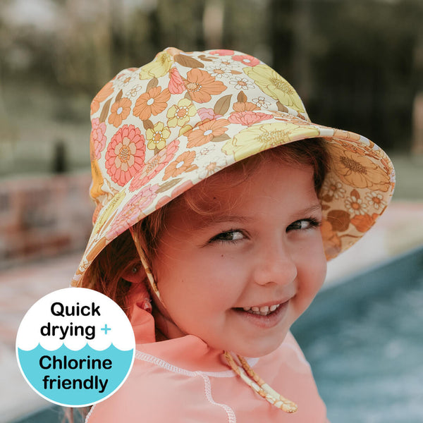 front view of Bedhead Tallulah Swim Bucket Hat worn by a young model