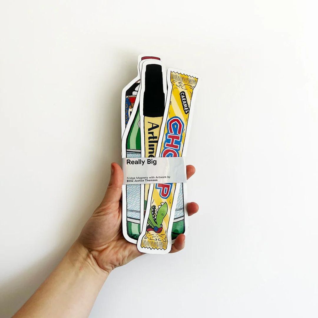 Billie Justice Thomson Really Big Magnet Set with the label wrapped around the magnets held in a model's hand